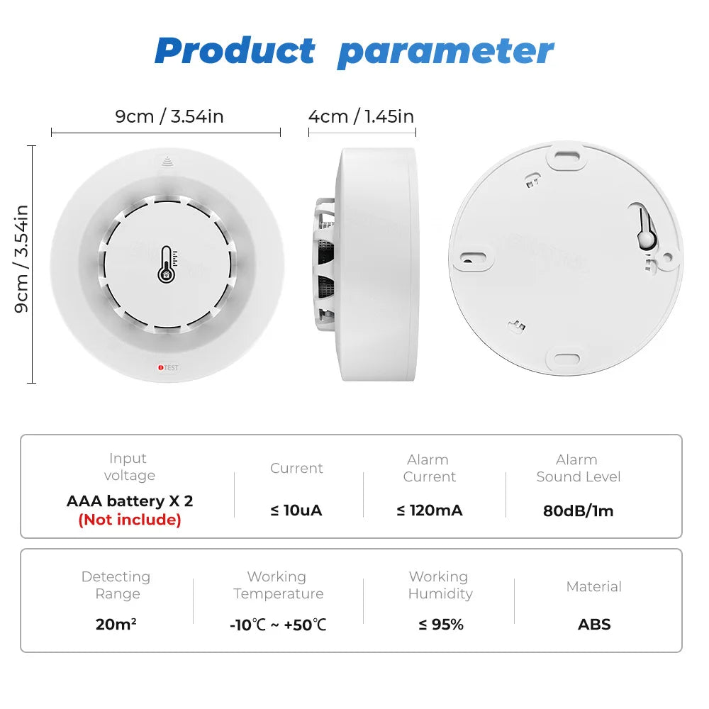 Wi-Fi Smart Smoke Detector, Temperature & Humidity Sensor, 80dB Alarm, App Control for Tuya, Smart Life