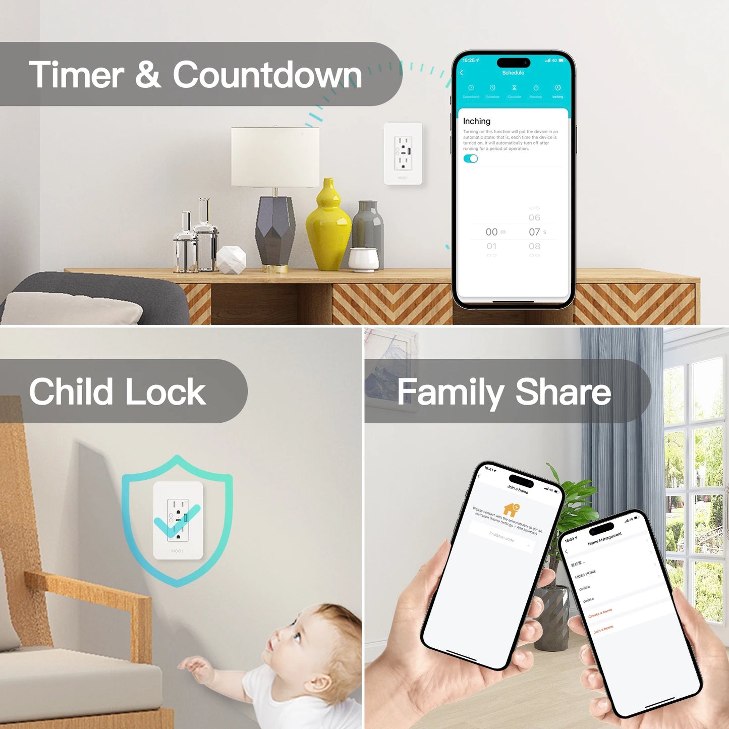 MOES Smart Wall Outlet, Type-C, USB Port, App & Voice Control for Alexa & Google Home