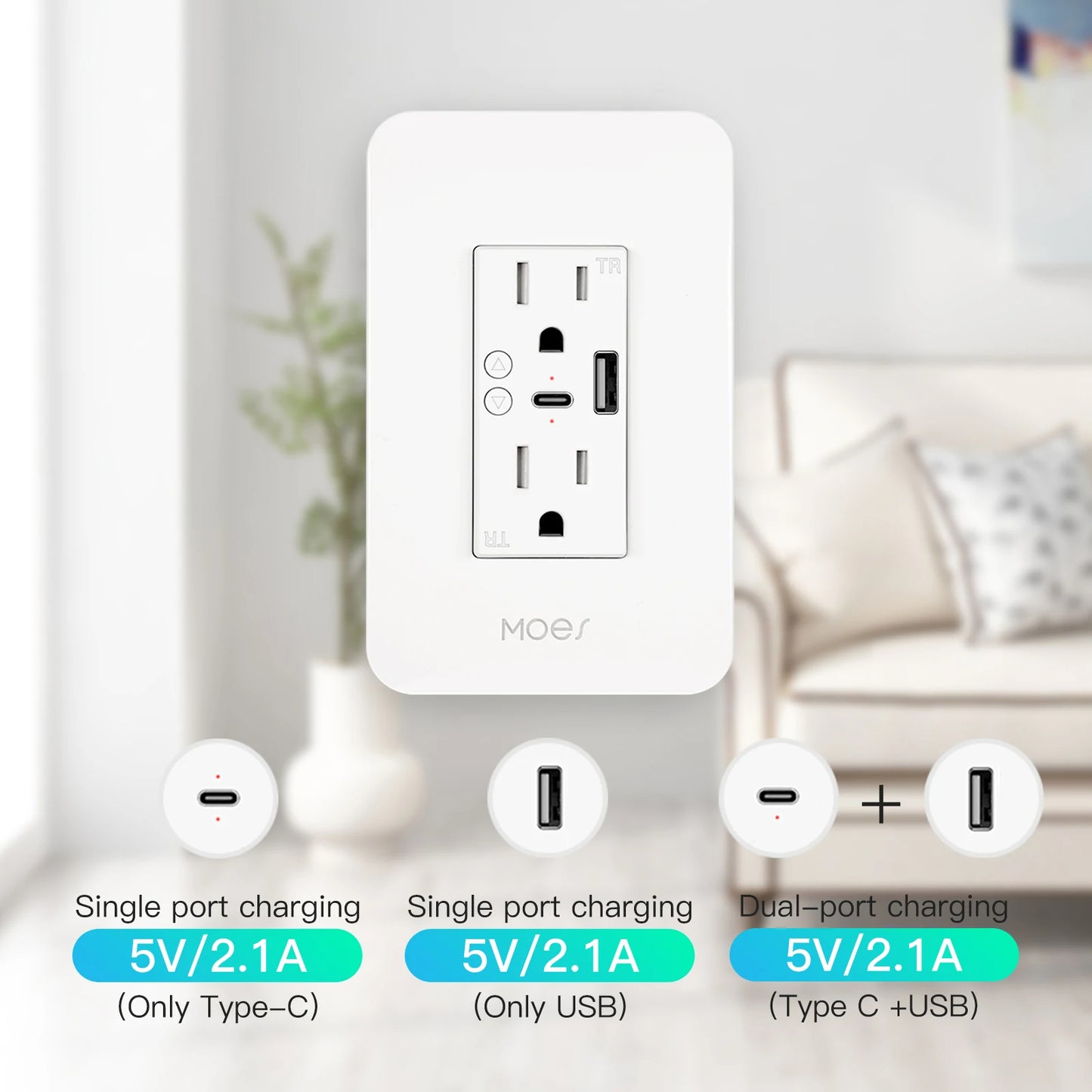 MOES Smart Wall Outlet, Type-C, USB Port, App & Voice Control for Alexa & Google Home
