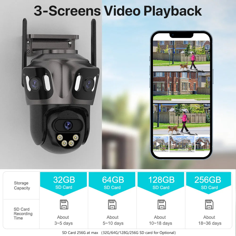 12MP HD Outdoor PTZ Wi-Fi Security Camera, Triple Lens, Auto Tracking, Night Vision, iCSee App