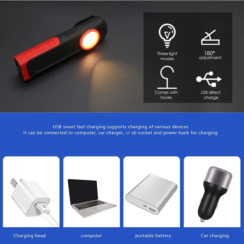 Car Detailing Inspection Light, 500 Lumen, 96 CRI, 3 Color Temperature (2700K, 4500K, 6500K), USB Work Lamp with Hook, 180° Tilting Bracket & Magnetic Base