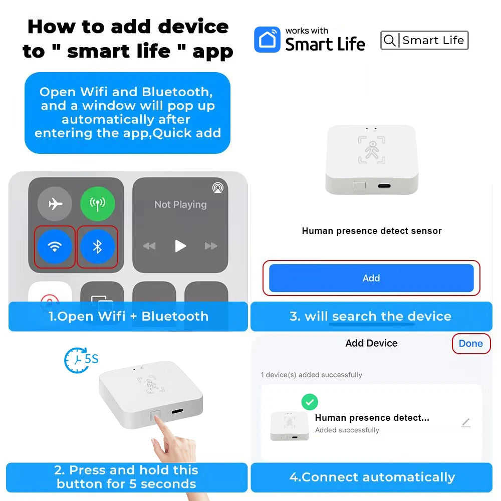 Wi-Fi Human Presence Sensor, mmWave Radar Motion & Static Detection with Light Sensor