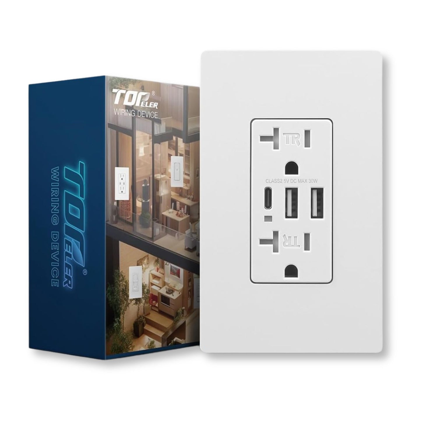 TOPELER Wall Outlet, 3 USB Port, 6.0A High Speed Charging Capability, Child Proof Safety Receptacle, 20 Amp TR Wall Socket