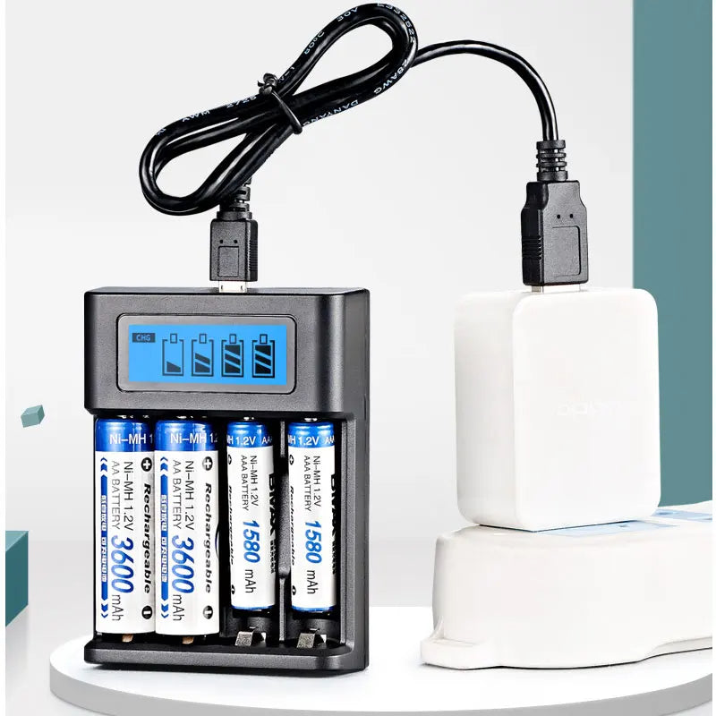 USB Battery Charger, 4-Slot AA/AAA, LCD Display, Overcharge Protection