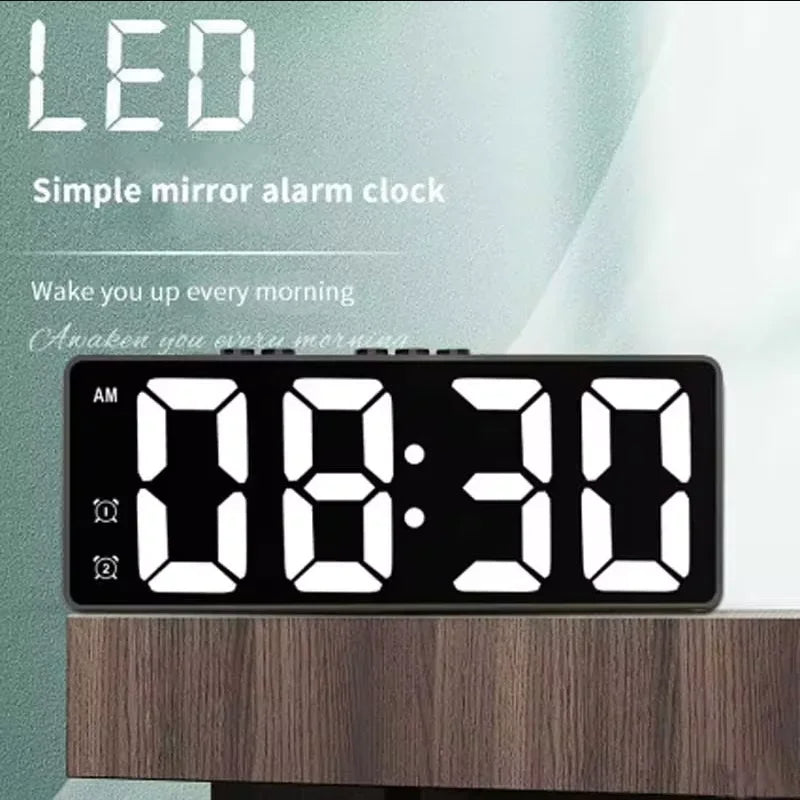 LED Mirror Alarm Clock, Voice Activated, Dual Alarms, Temperature Display, Snooze Function, USB/Battery-Powered
