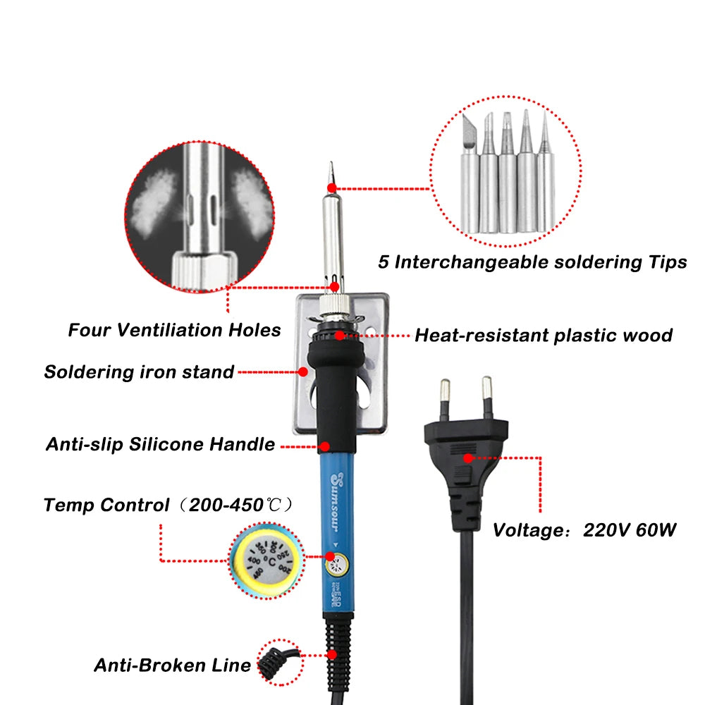 60W Adjustable Temperature Soldering Iron Kit, 5 Tips, Dial Control, Portable Repair Set
