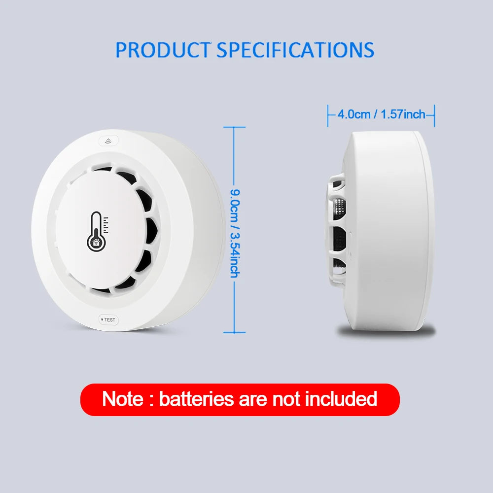 Wi-Fi Smart Smoke Detector, Temperature & Humidity Sensor, 80dB Alarm, App Control for Tuya, Smart Life