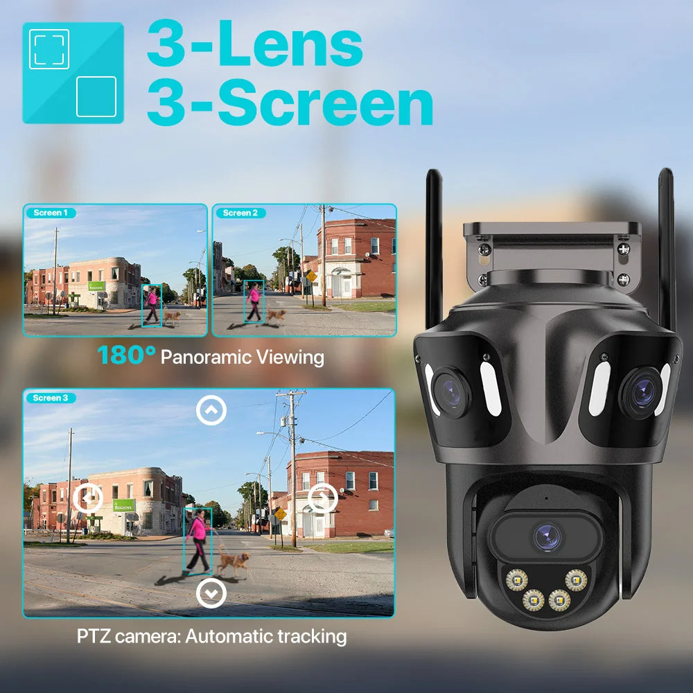 12MP HD Outdoor PTZ Wi-Fi Security Camera, Triple Lens, Auto Tracking, Night Vision, iCSee App