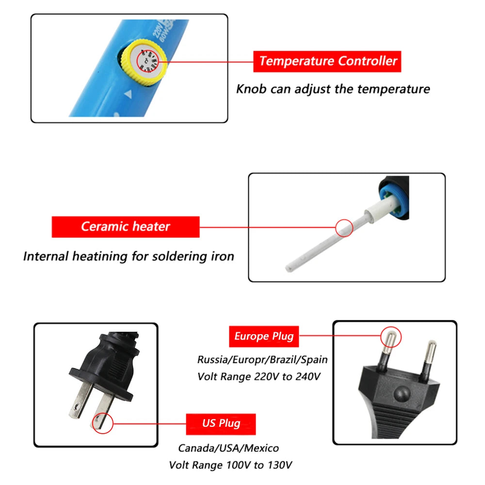 60W Adjustable Temperature Soldering Iron Kit, 5 Tips, Dial Control, Portable Repair Set