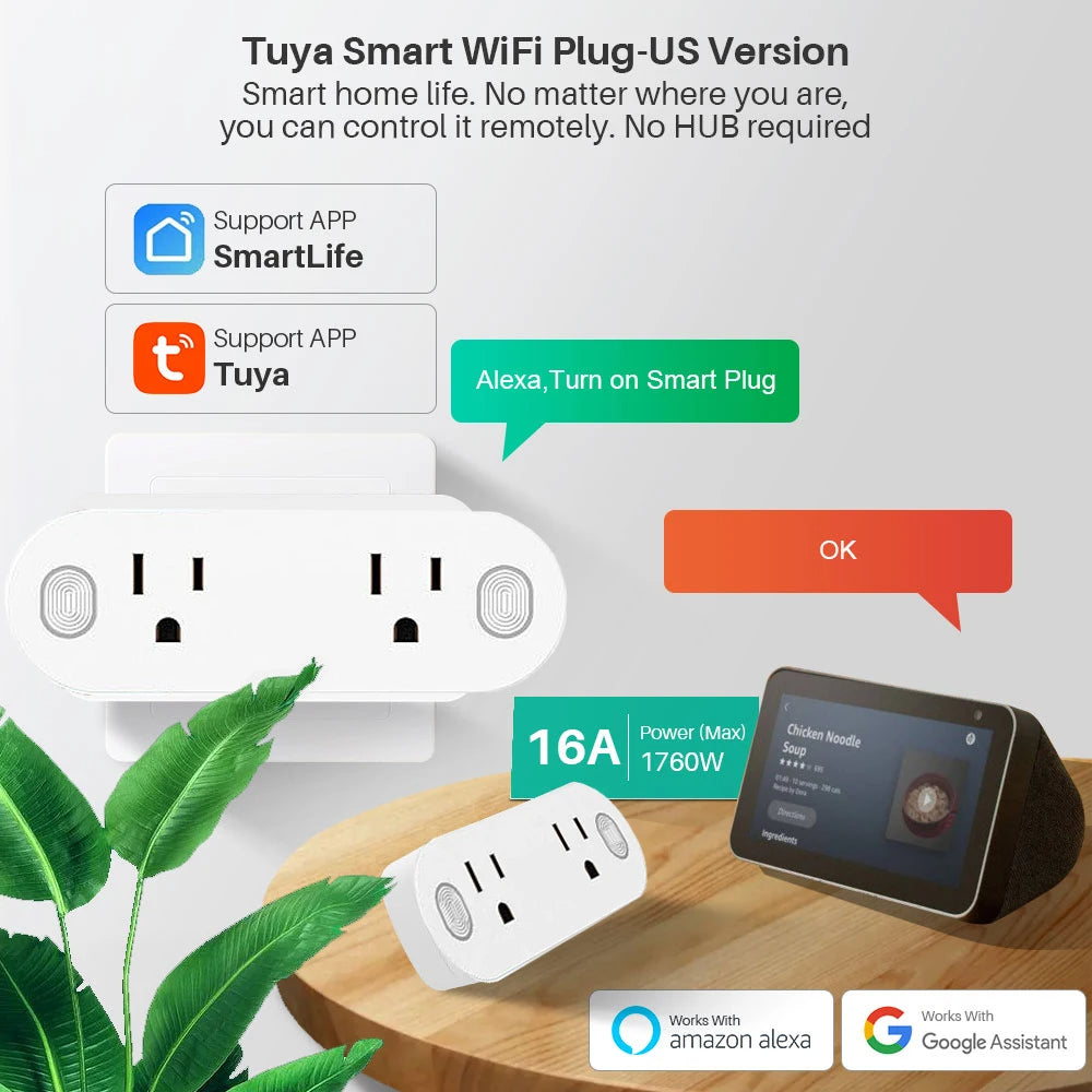Smart Plug, Dual Outlet, 16A, Timer Function, Overload Protection, Voice & App Control