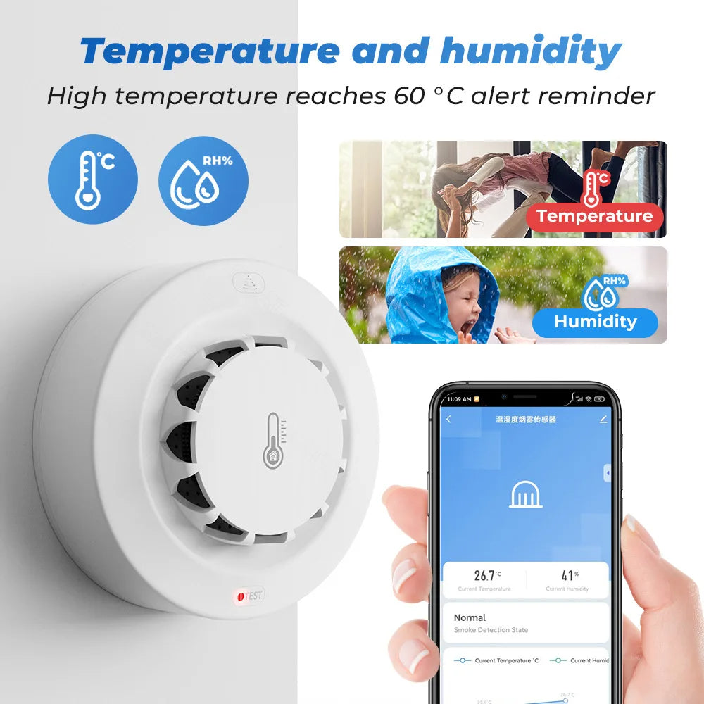 Wi-Fi Smart Smoke Detector, Temperature & Humidity Sensor, 80dB Alarm, App Control for Tuya, Smart Life
