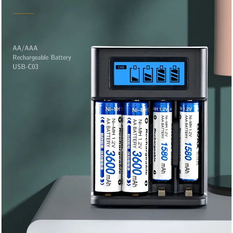 USB Battery Charger, 4-Slot AA/AAA, LCD Display, Overcharge Protection