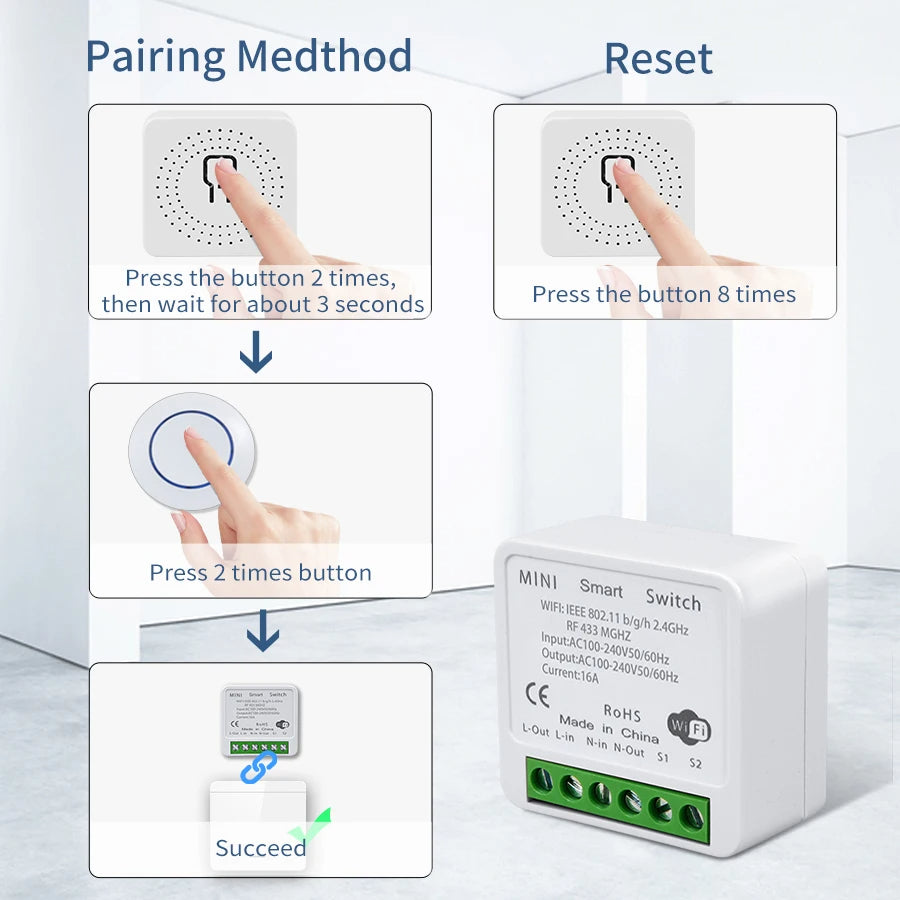 RF 433MHz Light Mini Switch Module with Remote Control, 2-Way Control, No Wi-Fi Needed