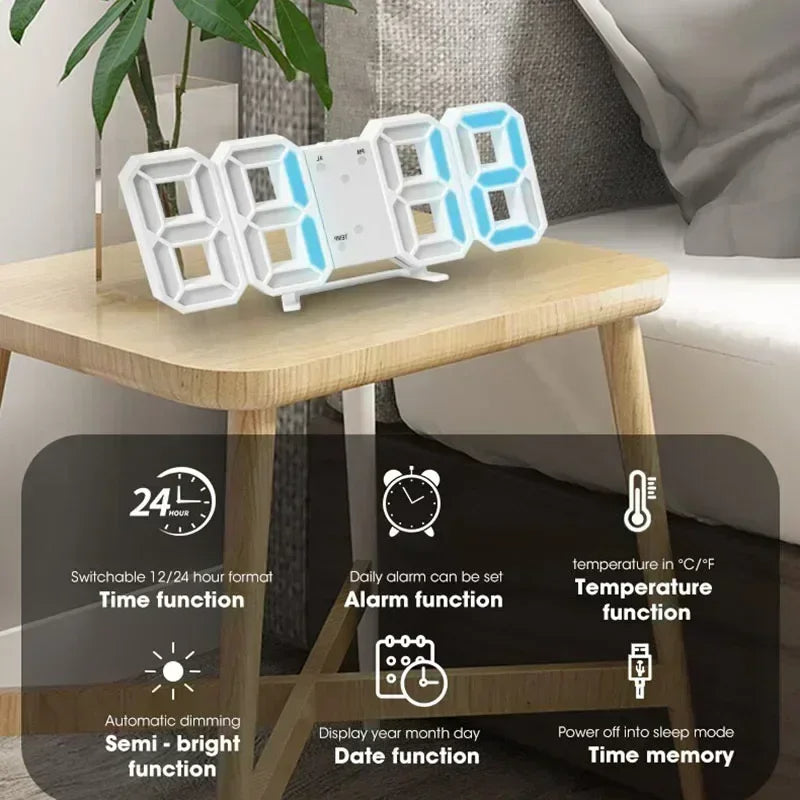 3D LED Digital Wall & Desk Clock, Date, Alarm, Temperature & Display, Adjustable Brightness,