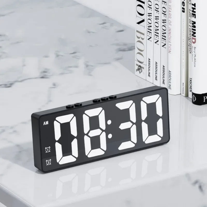 LED Mirror Alarm Clock, Voice Activated, Dual Alarms, Temperature Display, Snooze Function, USB/Battery-Powered