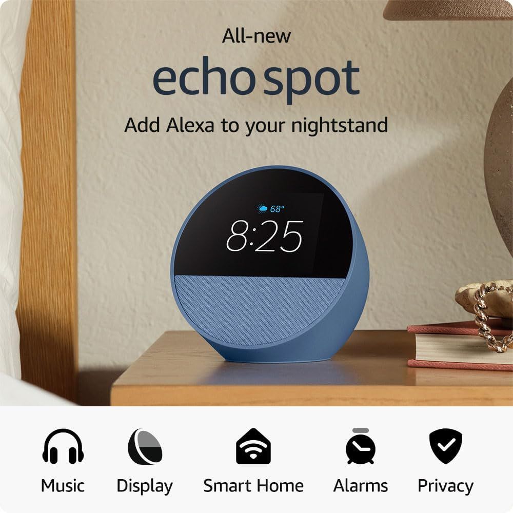 Echo Spot (2024 Release) – Smart Alarm Clock with Alexa for Bedrooms, Offices & Kitchens