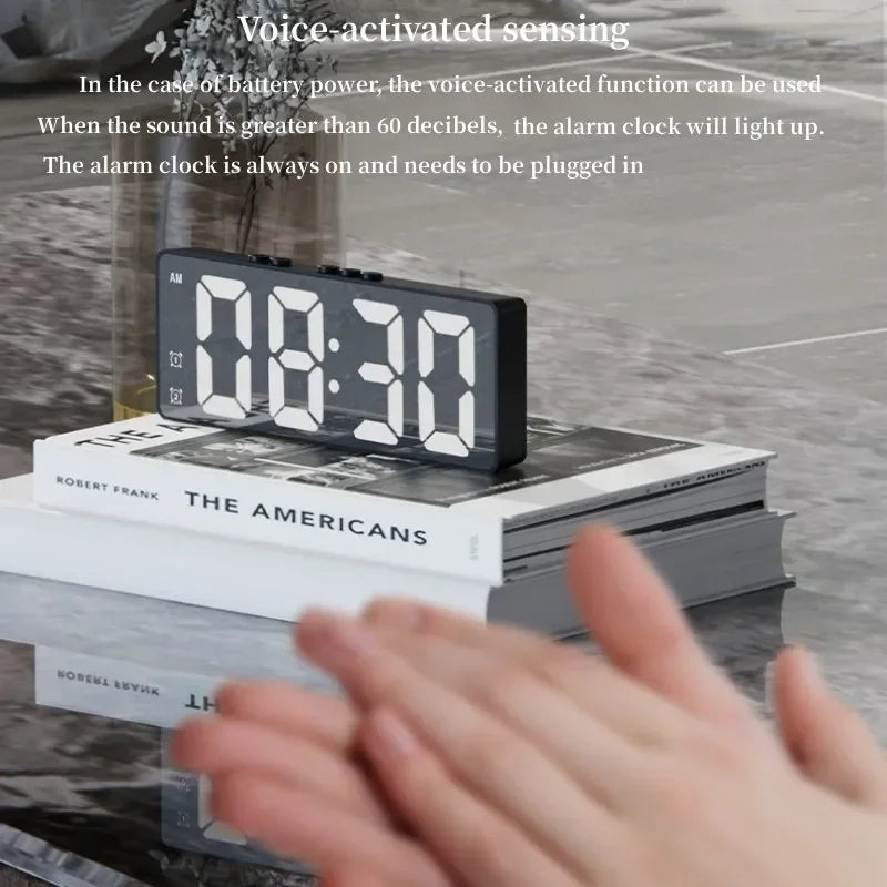 LED Mirror Alarm Clock, Voice Activated, Dual Alarms, Temperature Display, Snooze Function, USB/Battery-Powered