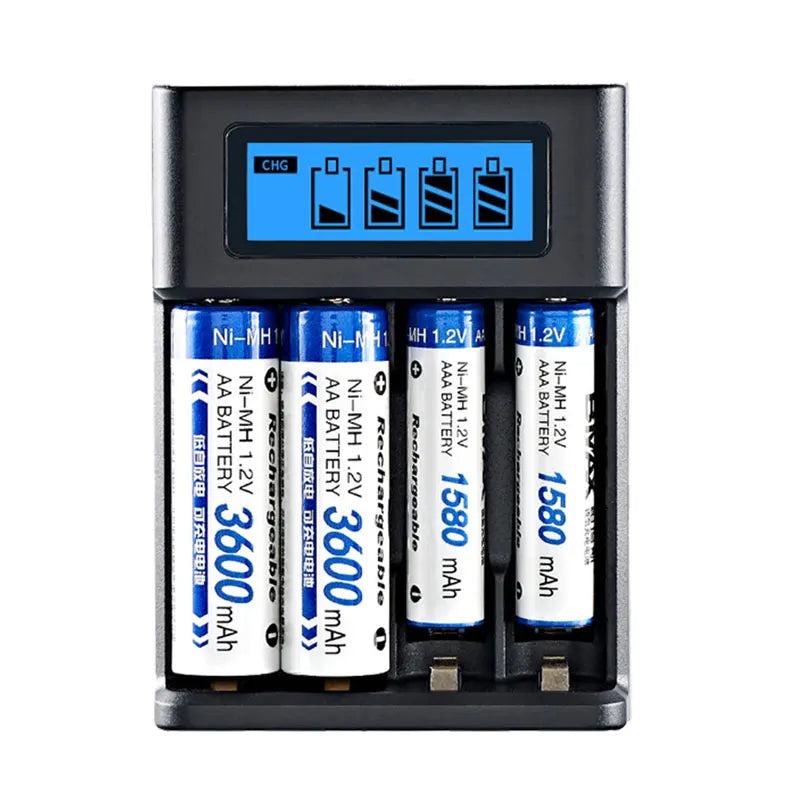 USB Battery Charger, 4-Slot AA/AAA, LCD Display, Overcharge Protection