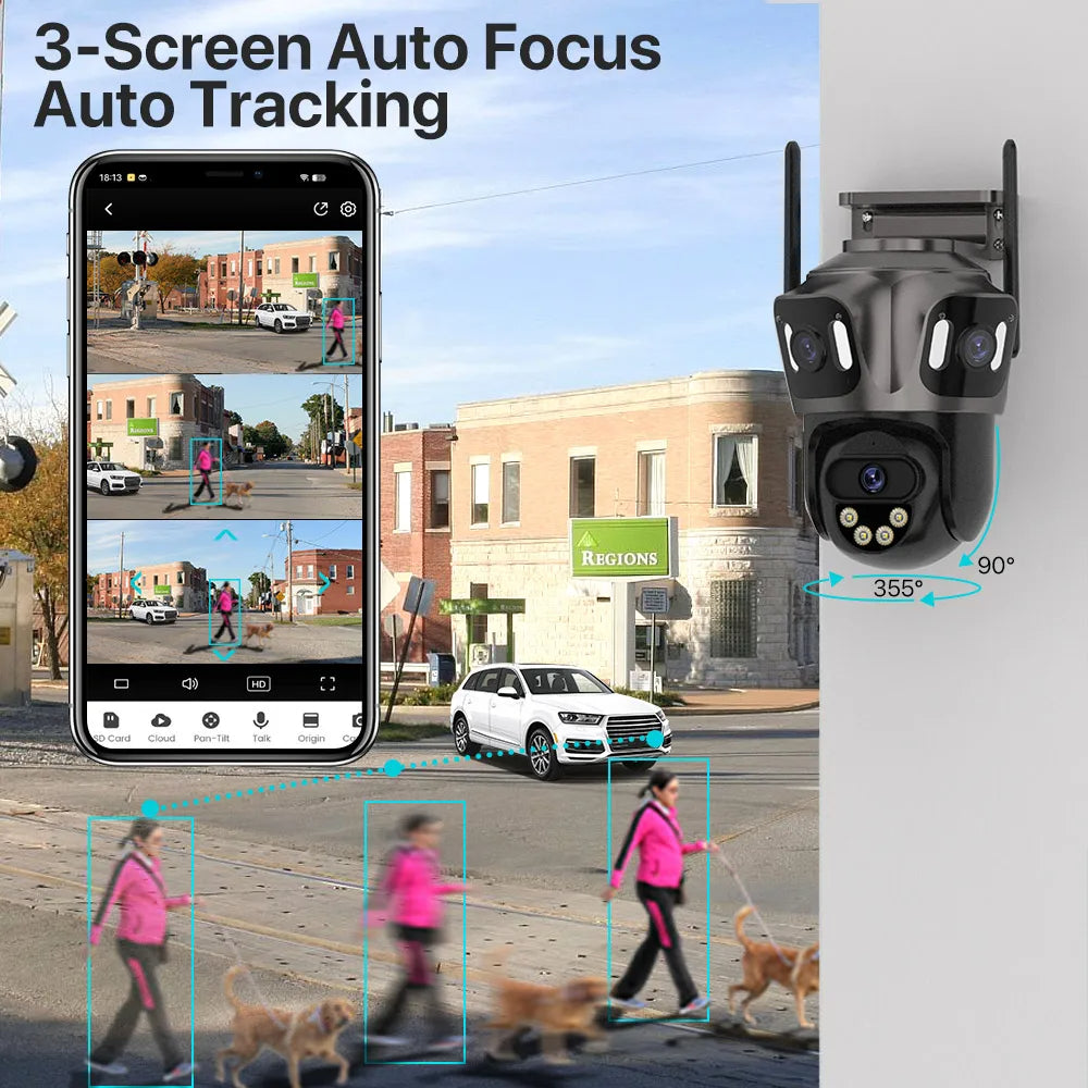 12MP HD Outdoor PTZ Wi-Fi Security Camera, Triple Lens, Auto Tracking, Night Vision, iCSee App