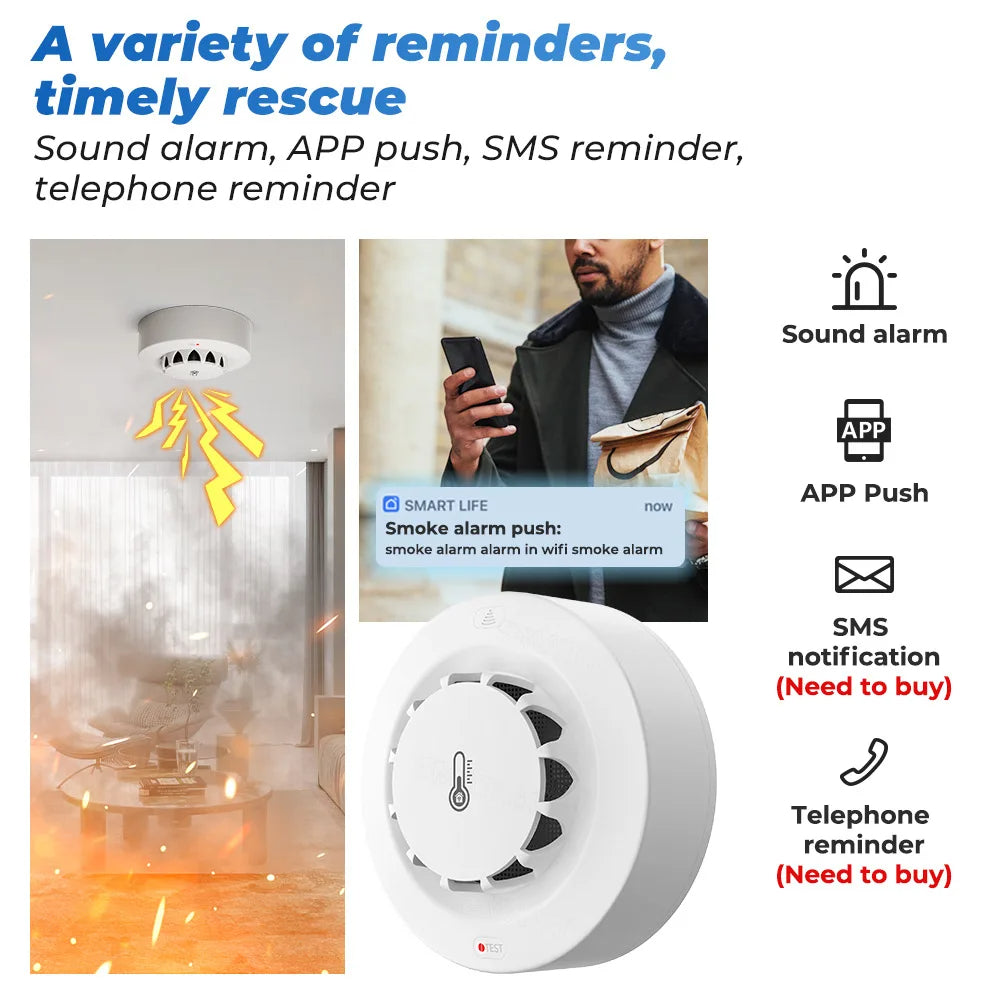 Wi-Fi Smart Smoke Detector, Temperature & Humidity Sensor, 80dB Alarm, App Control for Tuya, Smart Life