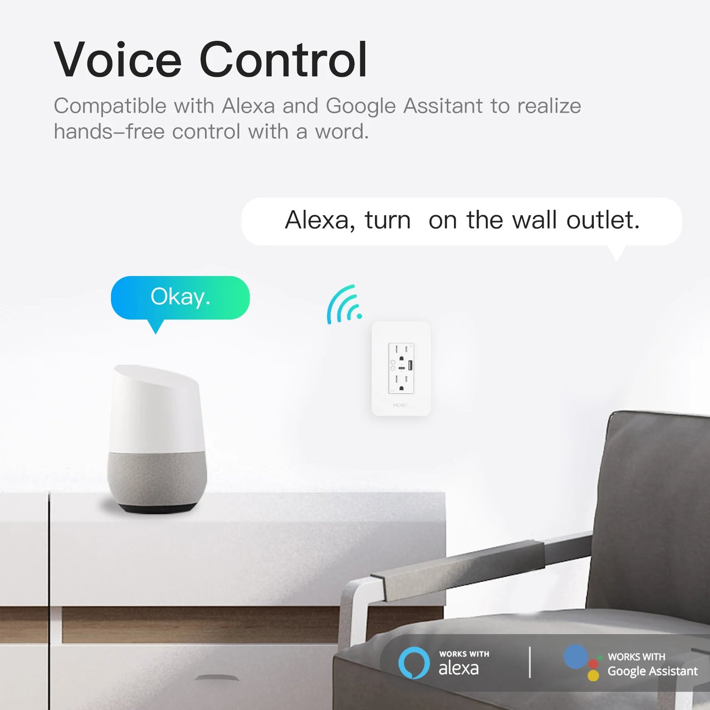 MOES Smart Wall Outlet, Type-C, USB Port, App & Voice Control for Alexa & Google Home
