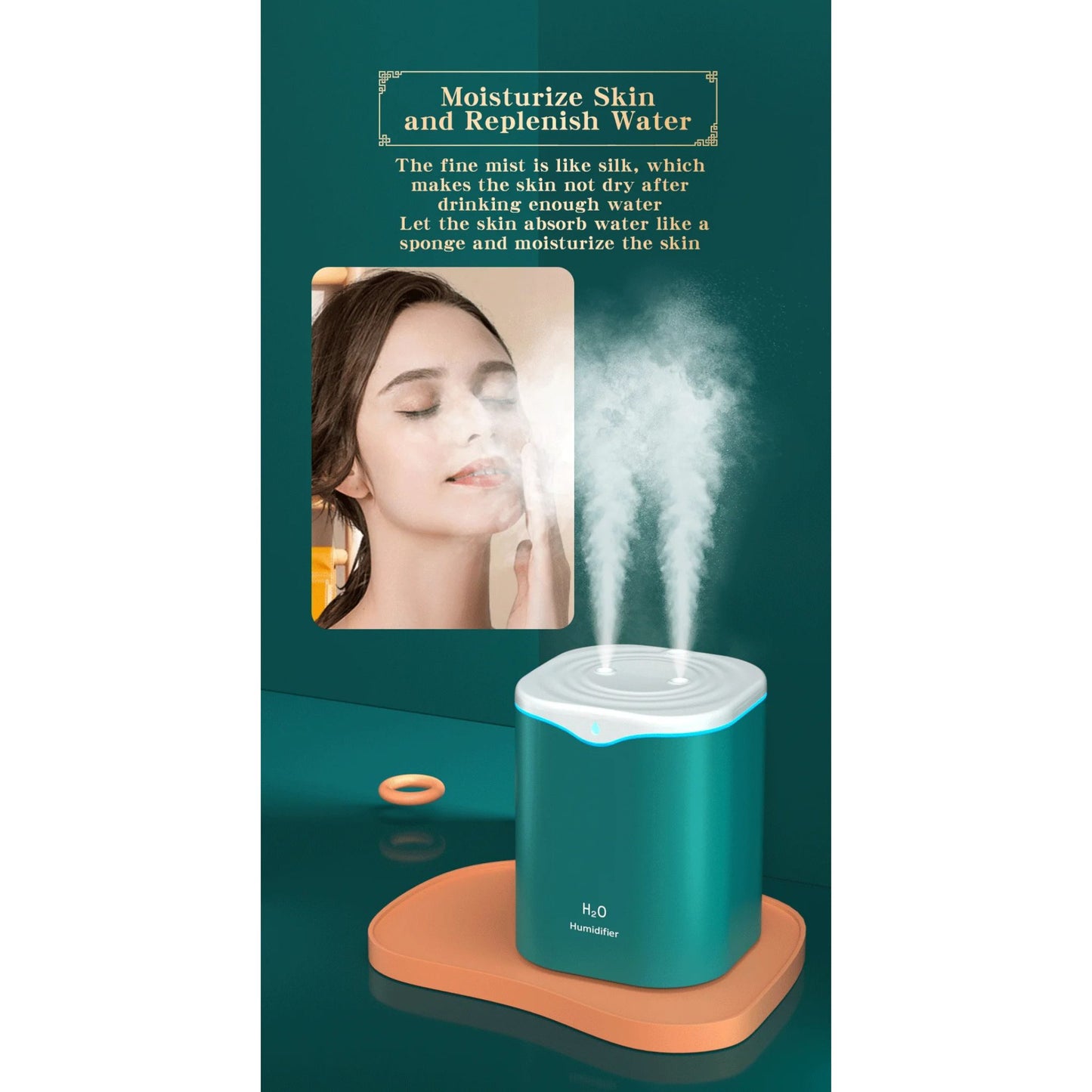 H2O 2000ml Dual Spray Air Humidifier, Low Noise Operation, USB Powered for Home, Office, Bedroom
