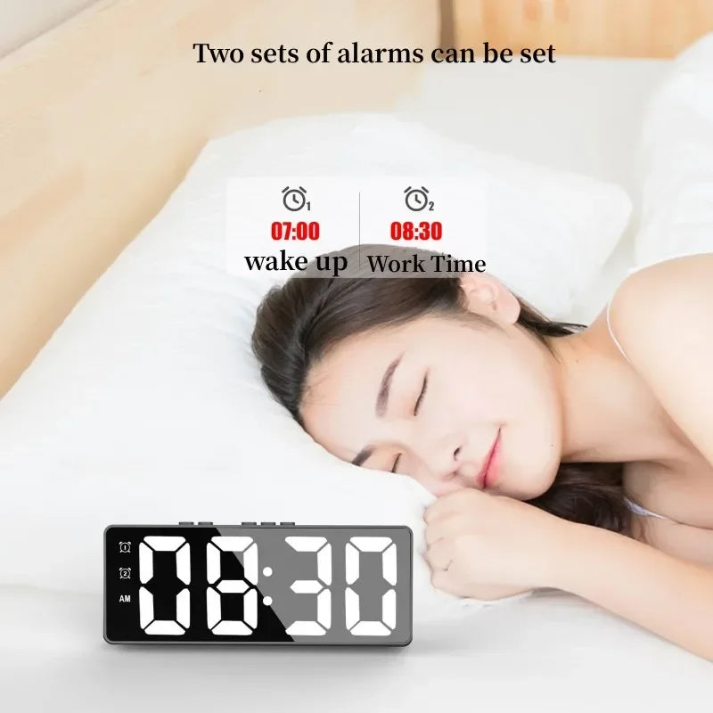 LED Mirror Alarm Clock, Voice Activated, Dual Alarms, Temperature Display, Snooze Function, USB/Battery-Powered