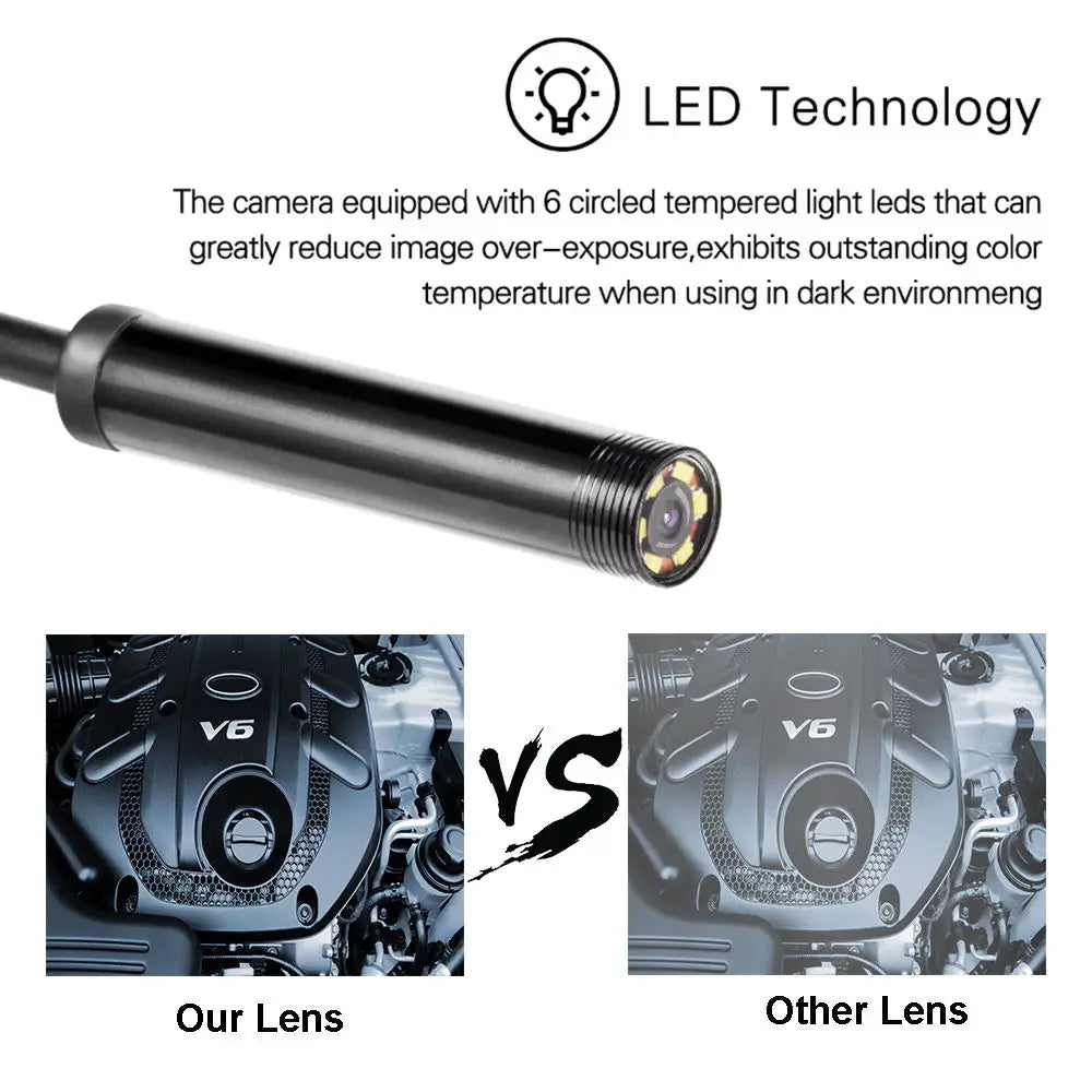 7.0MM - 2m Endoscope Camera, 6 Adjustable LED Lights, IP67 Waterproof, Flexible, USB & Type-C, Inspection Borescope for Android & PC