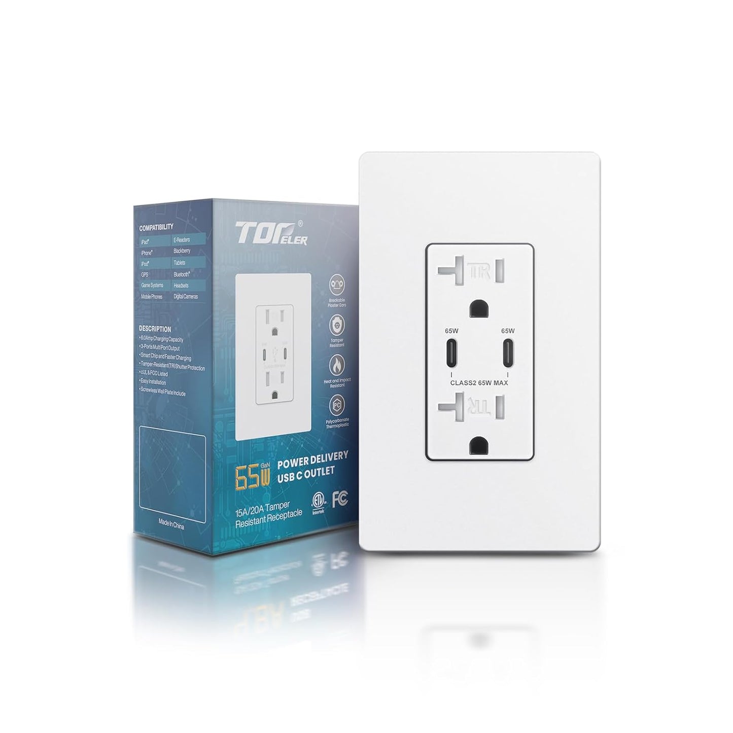 TOPELER 65W USB-C Wall Outlet, Fast Charging with Tamper-Resistant Safety