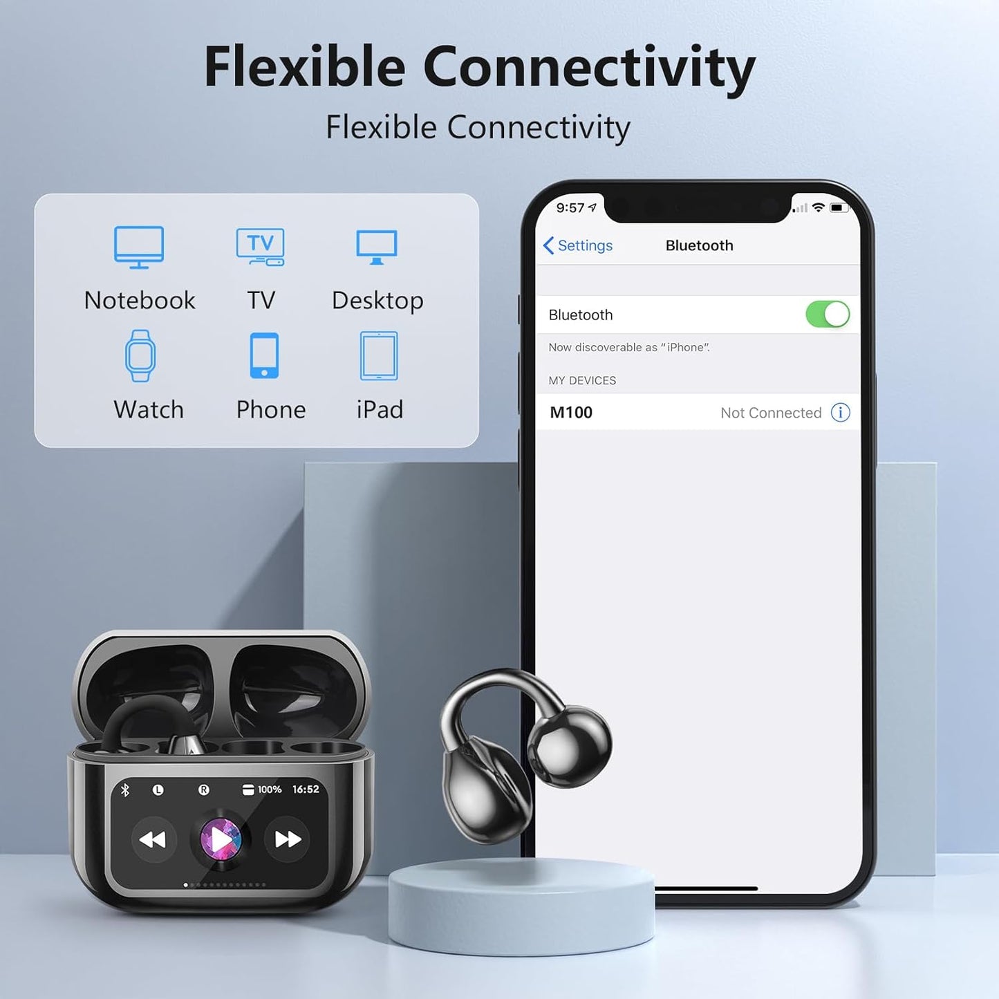 M100 Wireless Clip-On Sports Earbuds – 50H Playtime, Touchscreen, IPX7 Waterproof, Secure Fit for Running