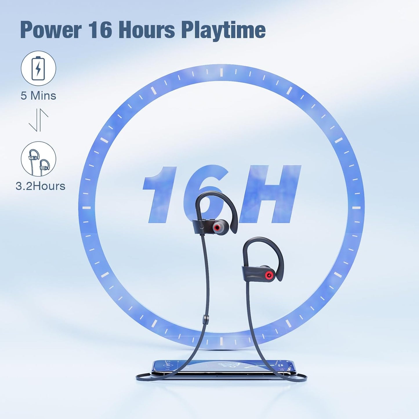 U18 Wireless Sports Earbuds – 16H Playtime, Deep Bass, IPX7 Waterproof, Secure Fit for Running & Outdoor Use
