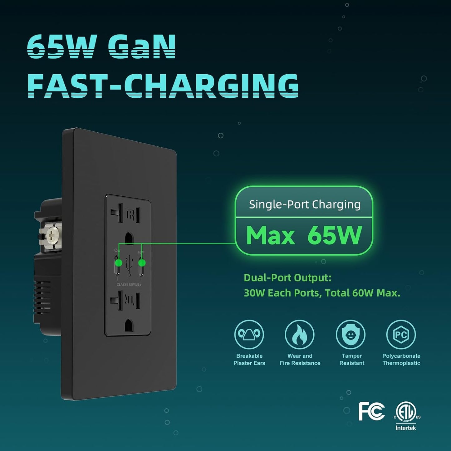 TOPELER 65W USB-C Wall Outlet, Fast Charging with Tamper-Resistant Safety