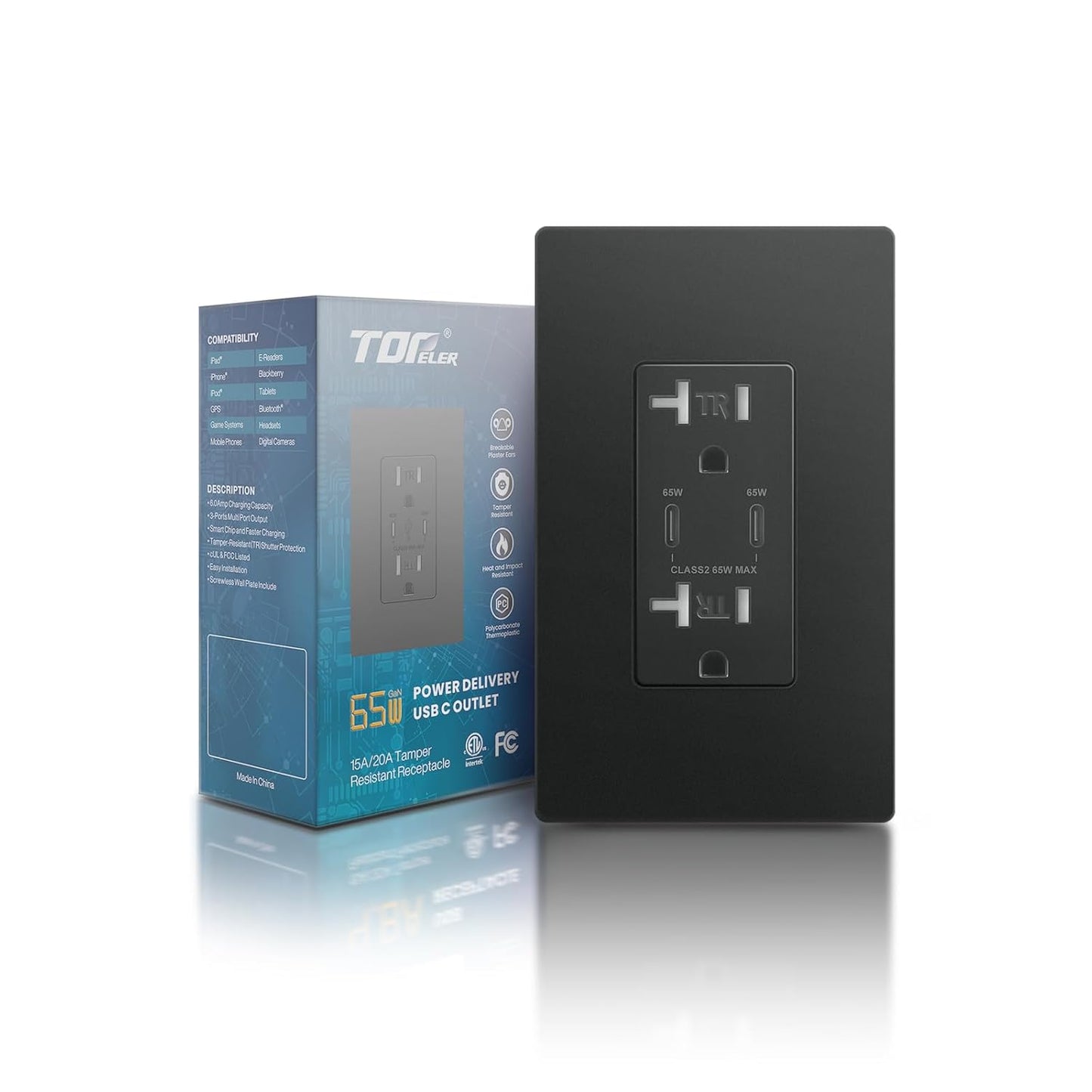 TOPELER 65W GaN USB-C Wall Outlet – Ultra-Fast Laptop & Device Charging for Homes & Offices