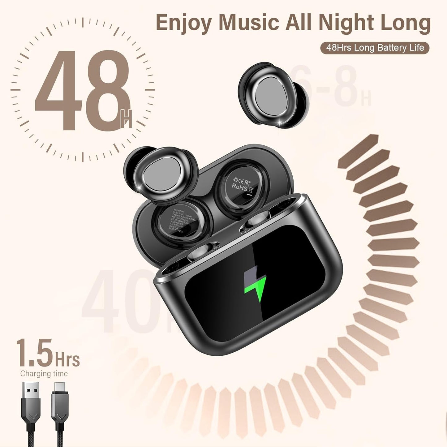 SU9 Wireless Sleep Earbuds – 48H Playtime, ENC Calls, IPX5 Waterproof, Touchscreen Case, 5 EQ Modes, Side-Sleeper Comfort