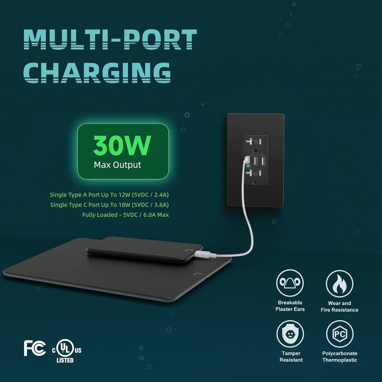 TOPELER Wall Outlet, 3 USB Port, 6.0A High Speed Charging Capability, Child Proof Safety Receptacle, 20 Amp TR Wall Socket