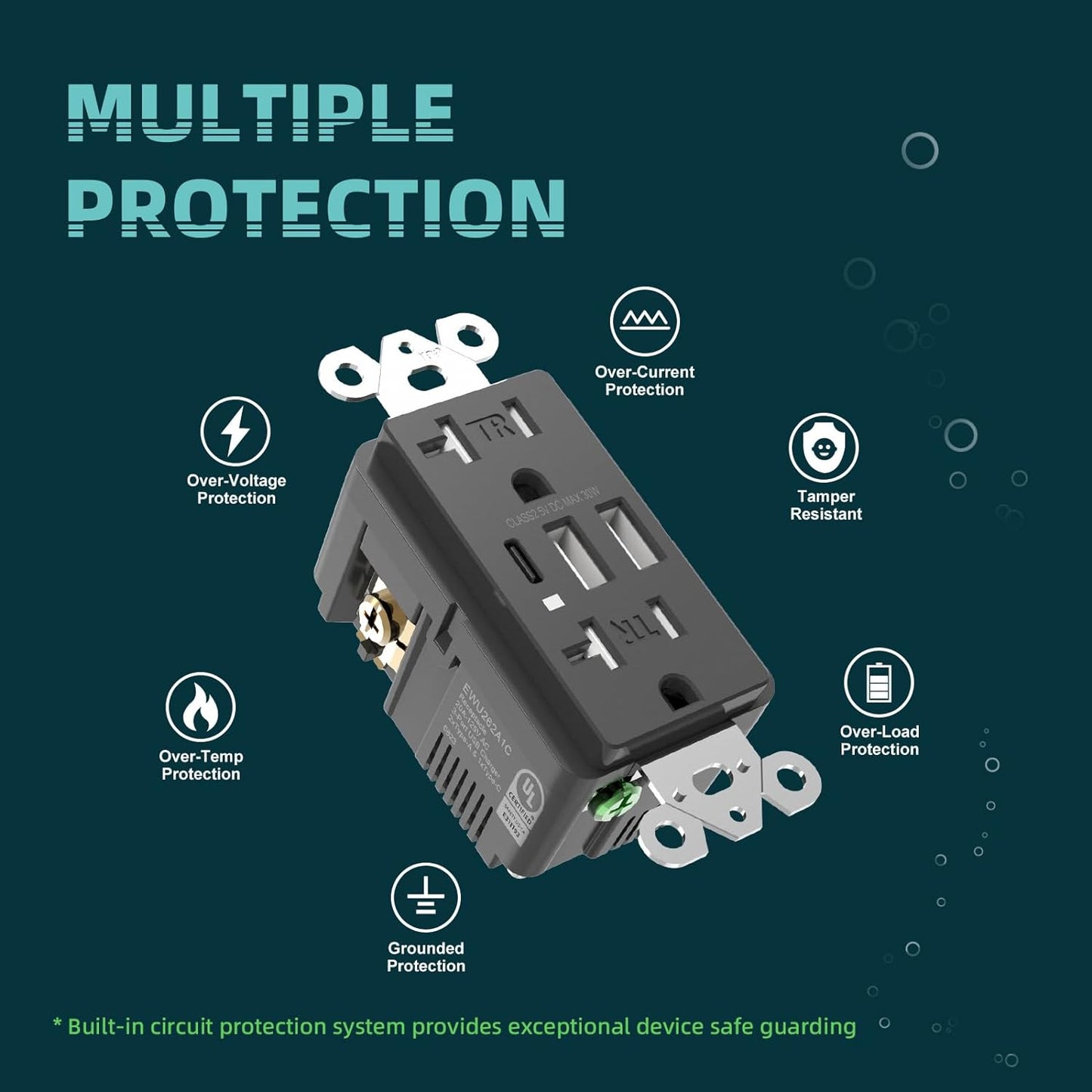 TOPELER Wall Outlet, 3 USB Port, 6.0A High Speed Charging Capability, Child Proof Safety Receptacle, 20 Amp TR Wall Socket
