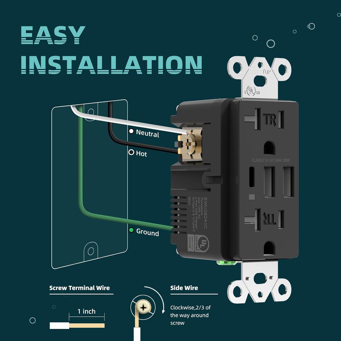 TOPELER Wall Outlet, 3 USB Port, 6.0A High Speed Charging Capability, Child Proof Safety Receptacle, 20 Amp TR Wall Socket