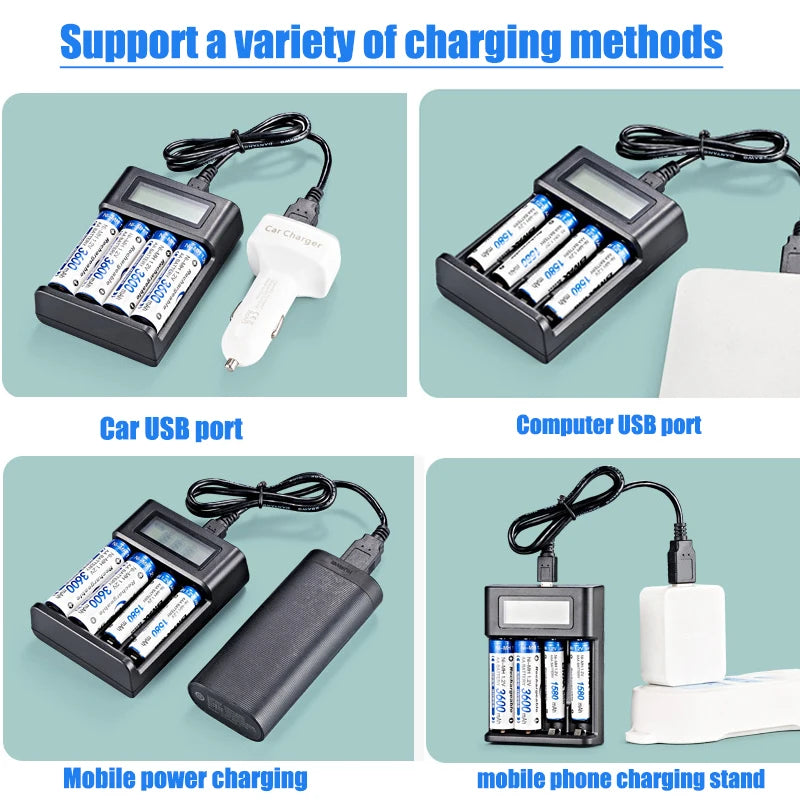 USB Battery Charger, 4-Slot AA/AAA, LCD Display, Overcharge Protection