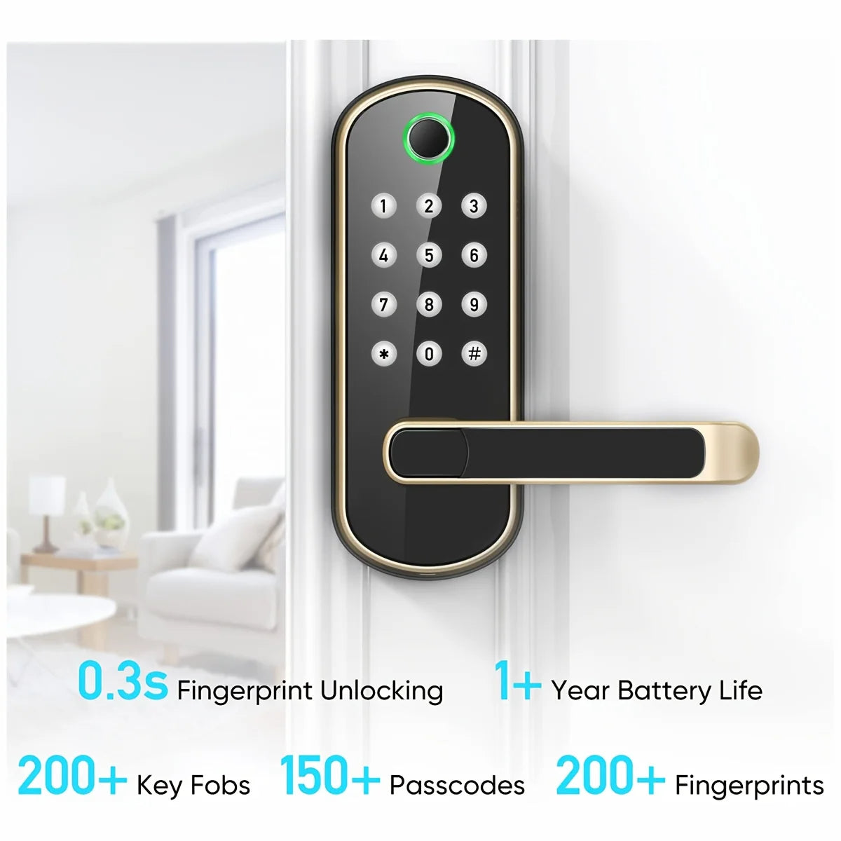 Smart Fingerprint Door Lock, 5-in-1 Keyless Entry, Waterproof, App & Voice Control, Ideal for Homes & Rentals
