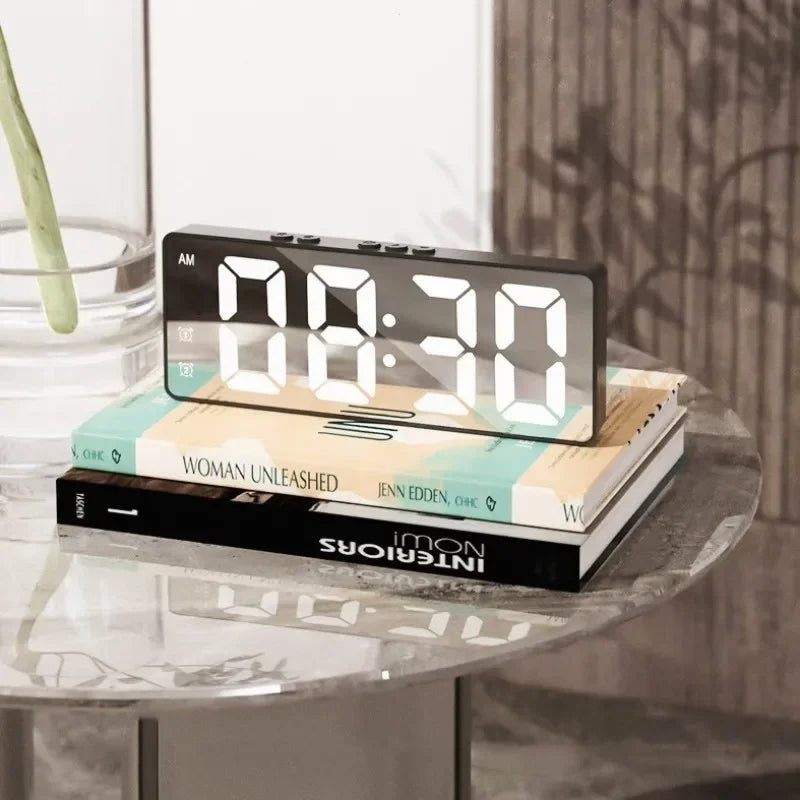 LED Mirror Alarm Clock, Voice Activated, Dual Alarms, Temperature Display, Snooze Function, USB/Battery-Powered