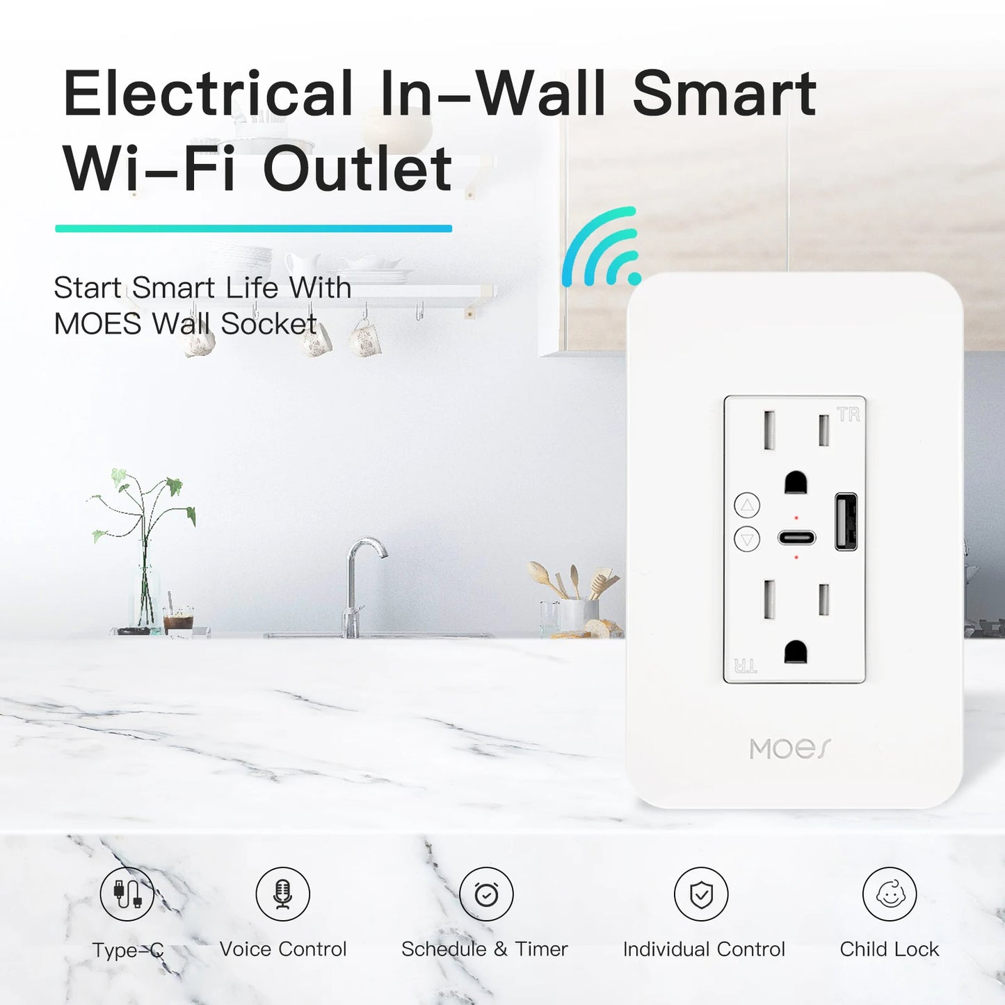 MOES Smart Wall Outlet, Type-C, USB Port, App & Voice Control for Alexa & Google Home