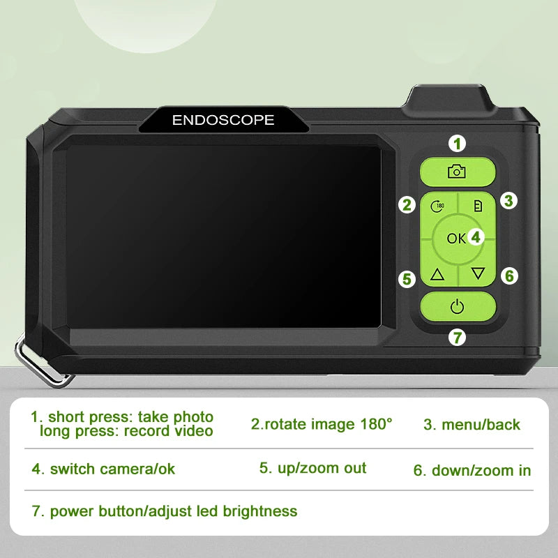 4.3" IPS Dual Lens Endoscope Borescope, 8MM Inspection Camera, HD 1080P, 5M Waterproof Cable, LED Lights, SD Card Recording