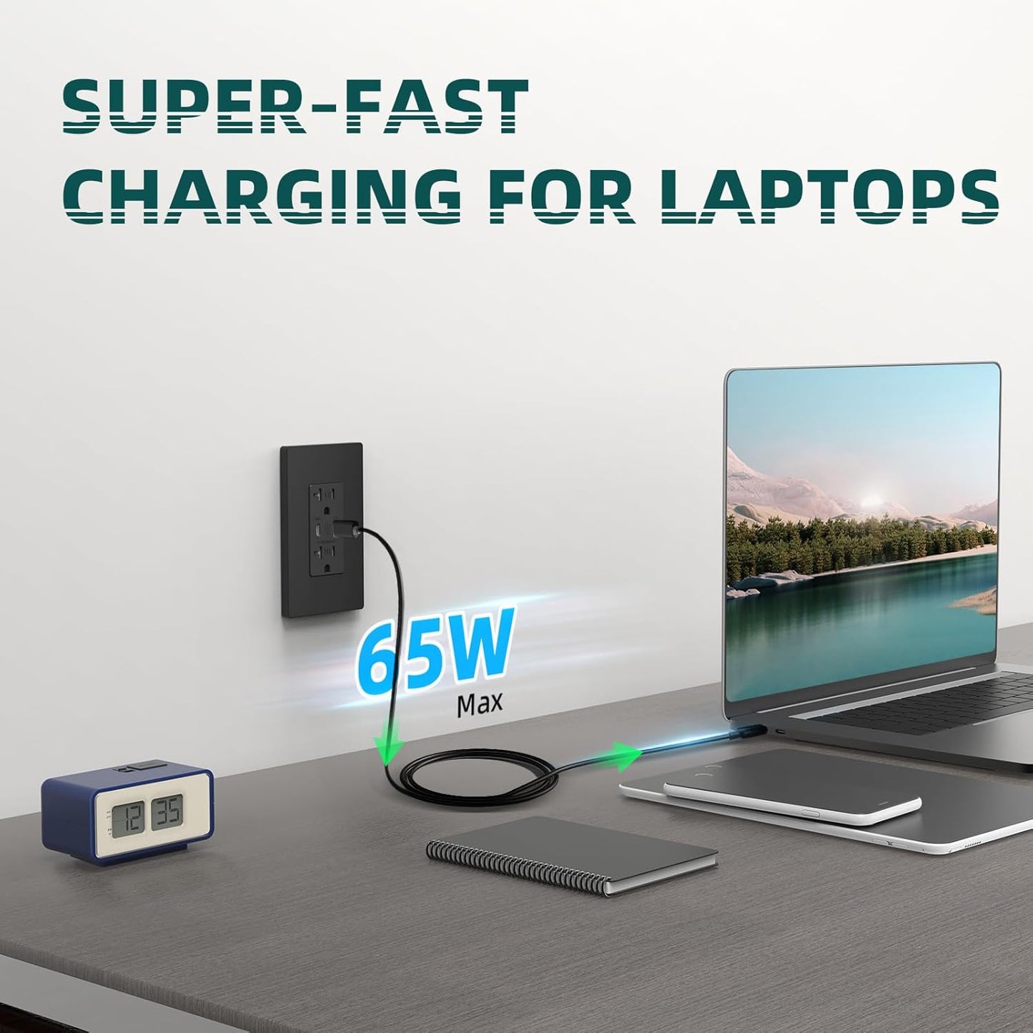 TOPELER 65W USB-C Wall Outlet, Fast Charging with Tamper-Resistant Safety