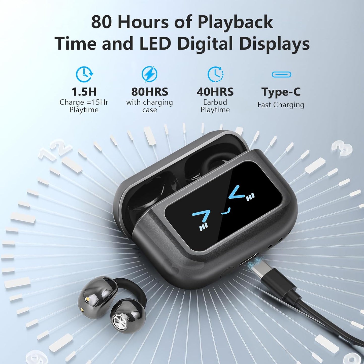 M100 Wireless Clip-On Sports Earbuds – 50H Playtime, Touchscreen, IPX7 Waterproof, Secure Fit for Running