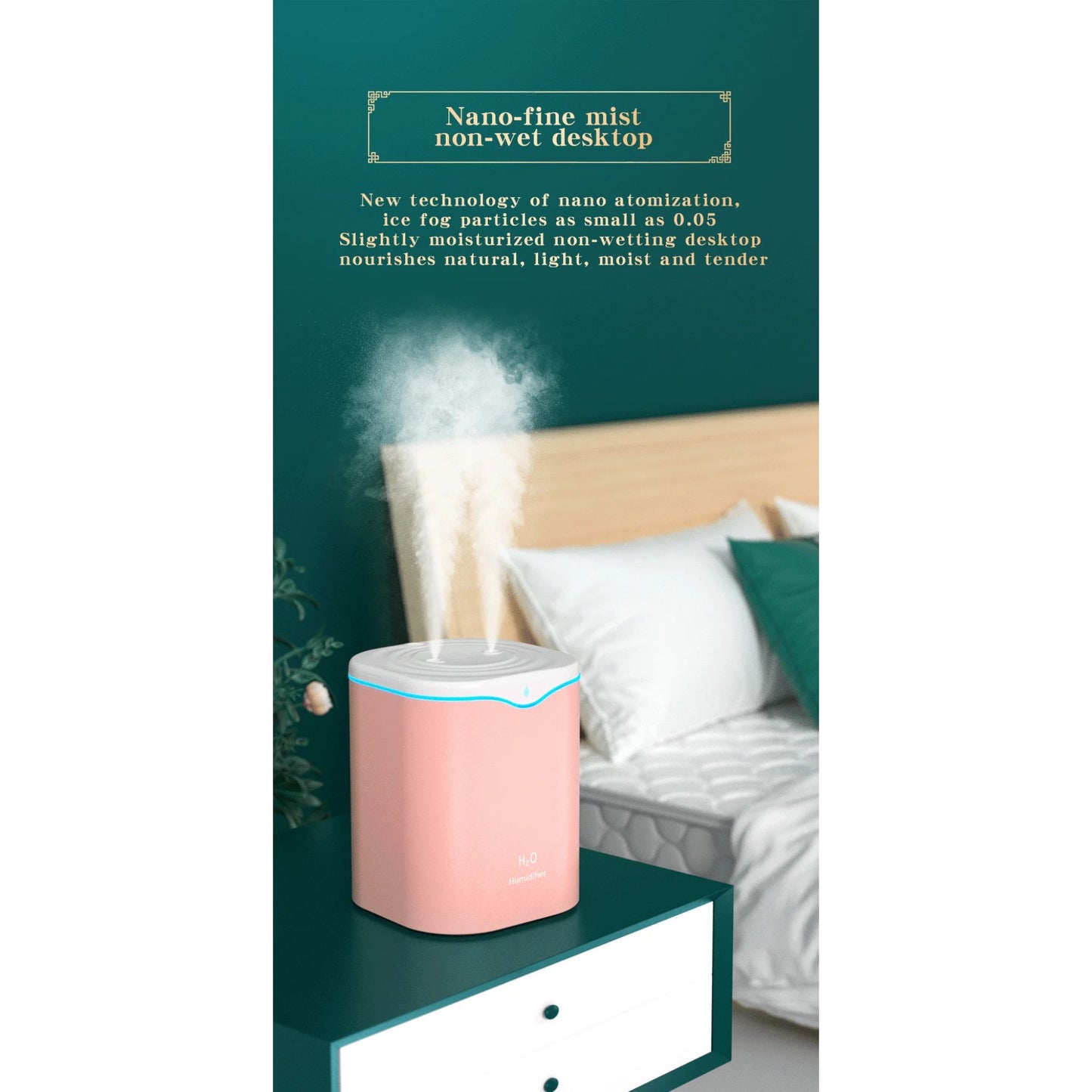H2O 2000ml Dual Spray Air Humidifier, Low Noise Operation, USB Powered for Home, Office, Bedroom