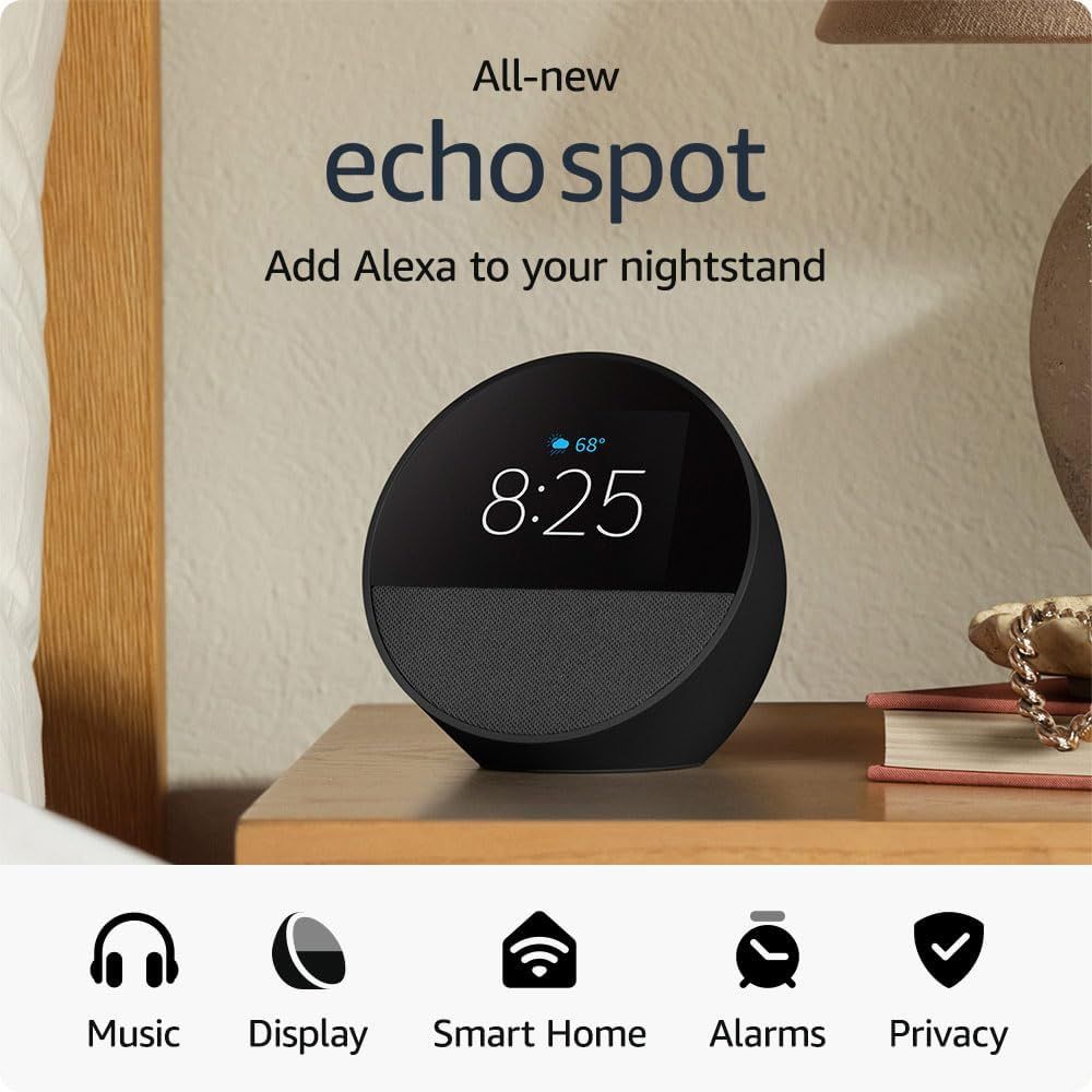 Echo Spot (2024 release), Great for Nightstands, Offices & Kitchens, Smart Alarm Clock with Alexa
