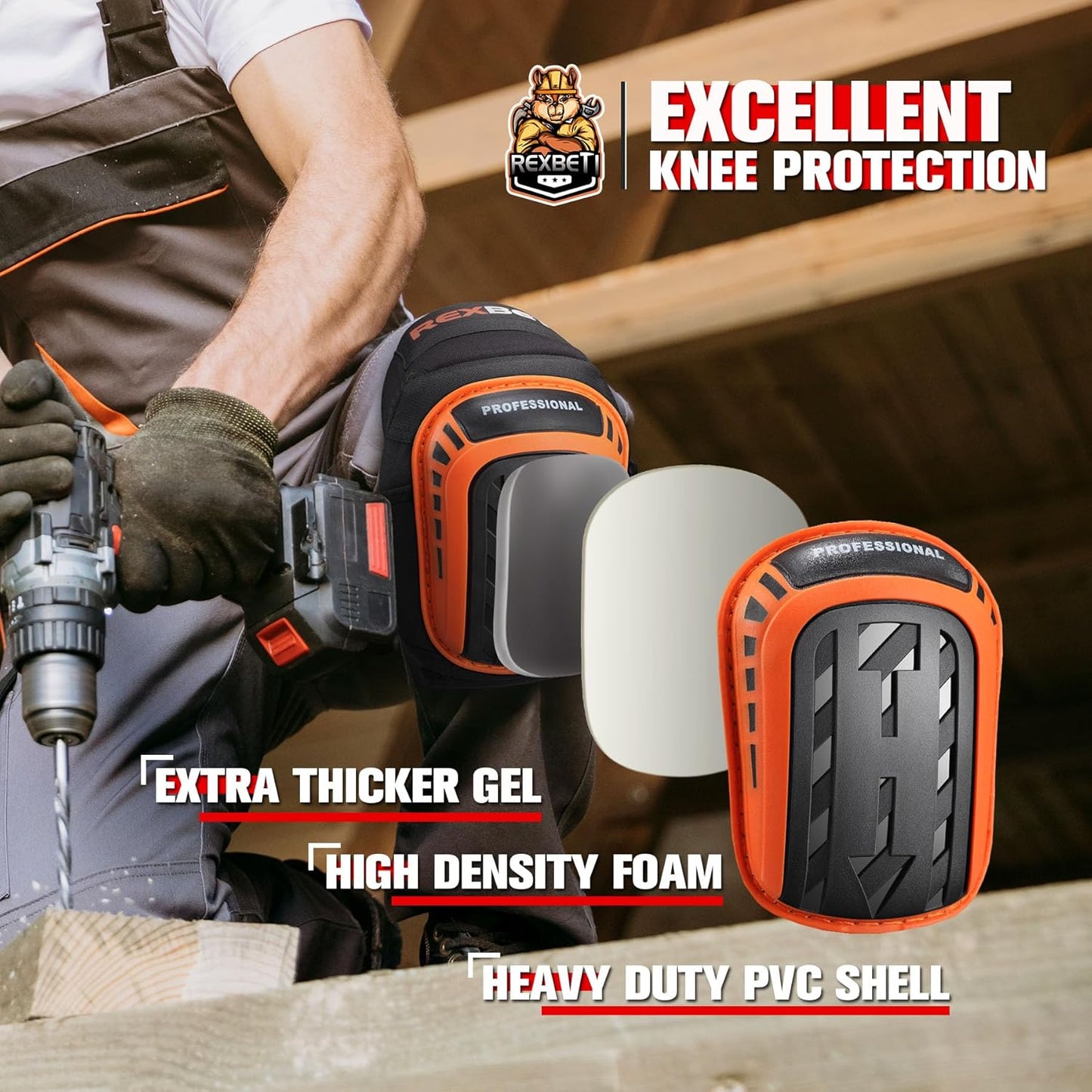 REXBETI Knee Gel Pads, Anti-slip Foam for Construction, Gardening, Flooring, and Cleaning