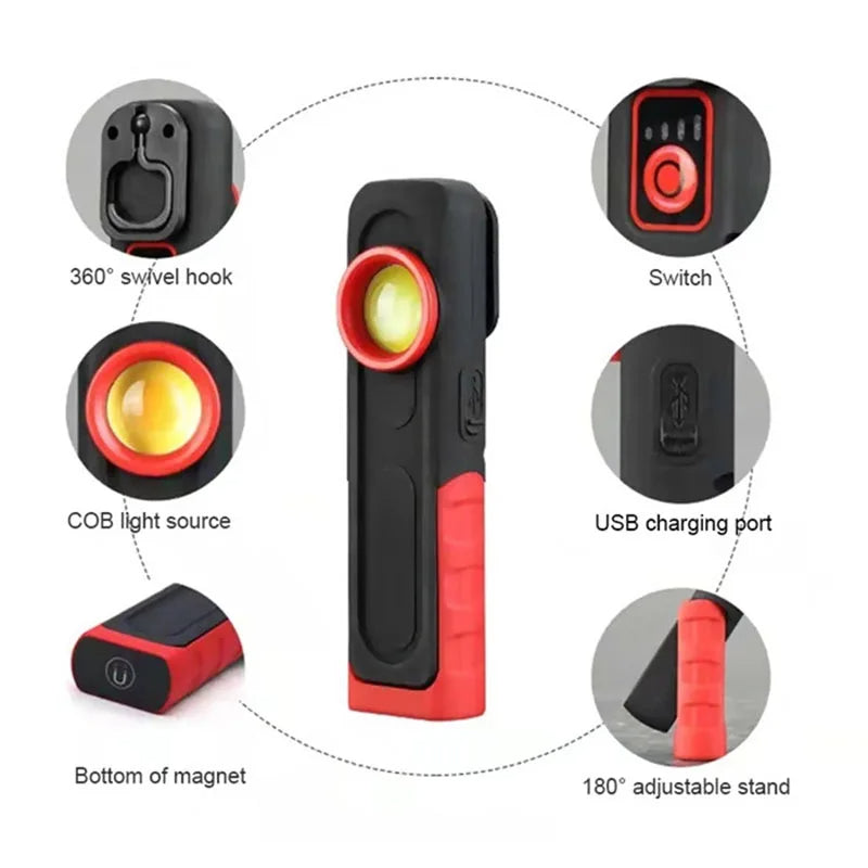 Car Detailing Inspection Light, 500 Lumen, 96 CRI, 3 Color Temperature (2700K, 4500K, 6500K), USB Work Lamp with Hook, 180° Tilting Bracket & Magnetic Base