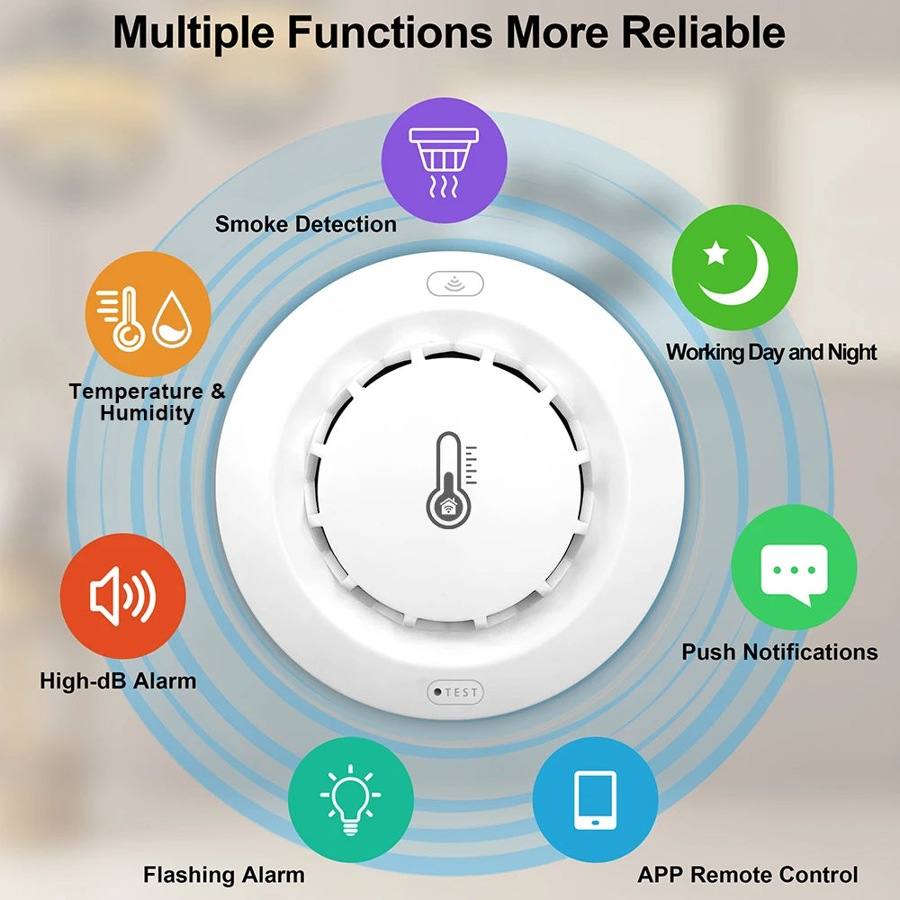 Wi-Fi Smart Smoke Detector, Temperature & Humidity Sensor, 80dB Alarm, App Control for Tuya, Smart Life