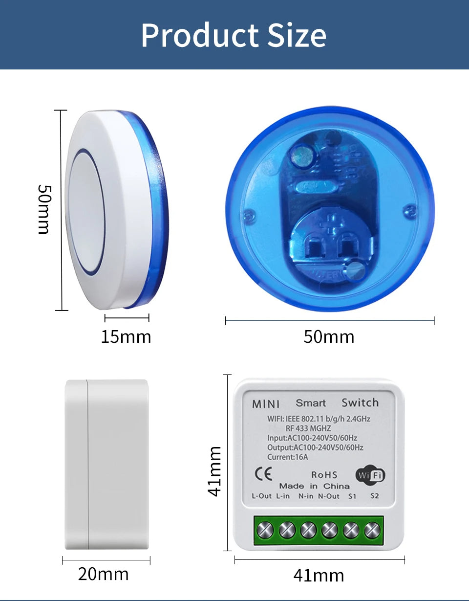 RF 433MHz Light Mini Switch Module with Remote Control, 2-Way Control, No Wi-Fi Needed